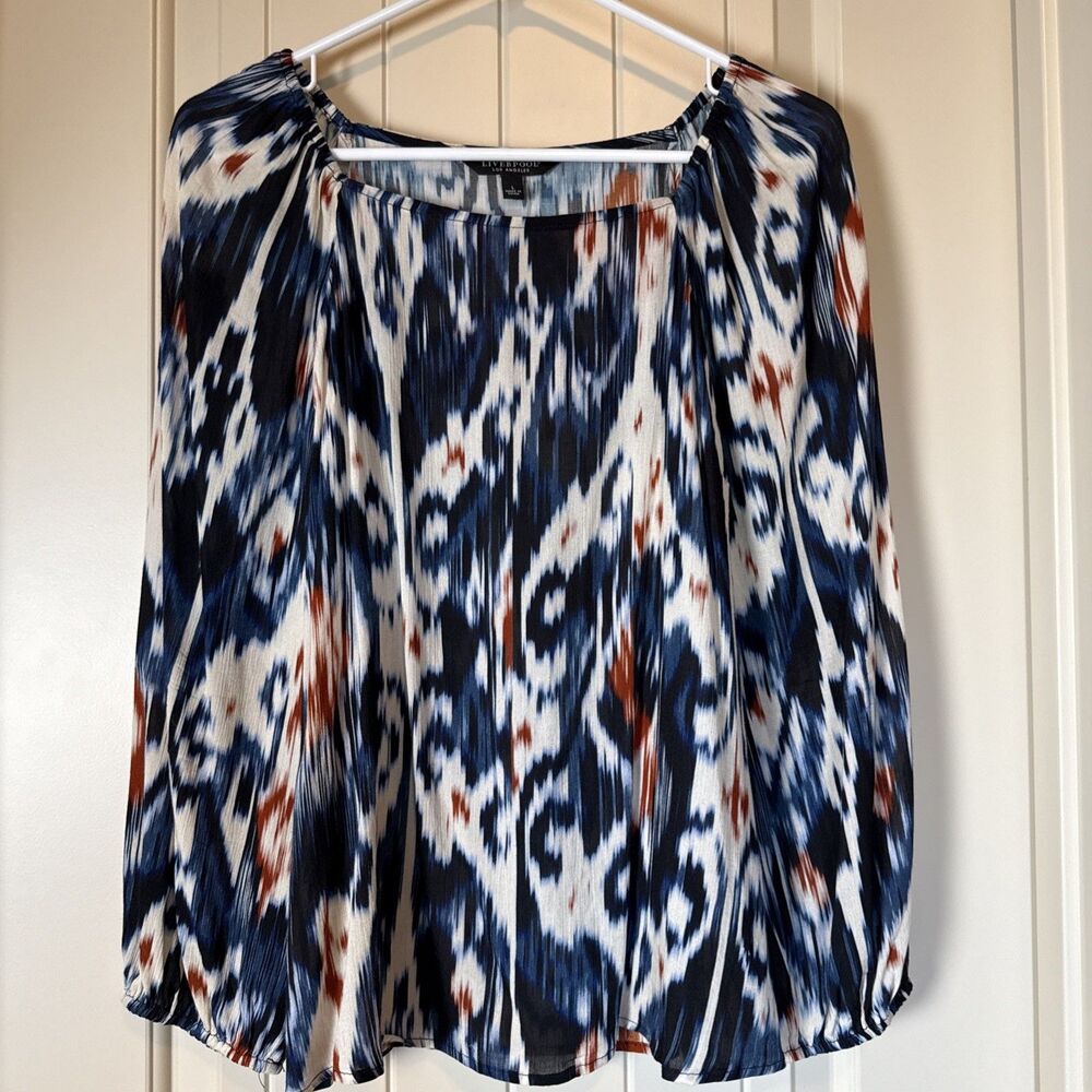 Liverpool Women's Square Neck Puffed Sleeve Blouse Blue Multi Sz L Boho Hippie